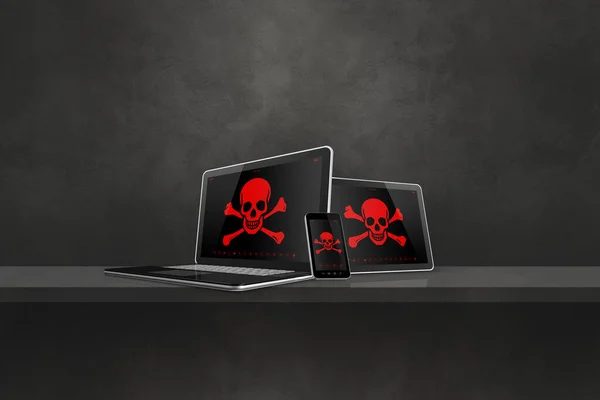 Laptop Tablet Smartphone Shelf Pirate Symbols Screen Hacking Virus Concept — Stock Photo, Image