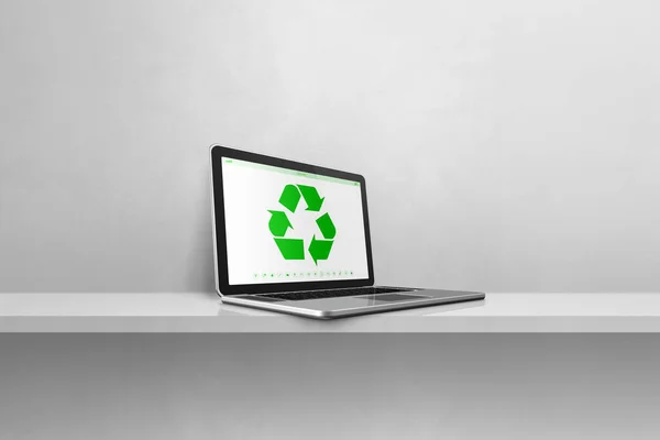 笔记本电脑放在架子上 屏幕上有循环利用的符号 环境保护概念 在白色背景上孤立的3D插图 — 图库照片