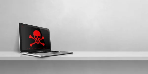 笔记本电脑放在架子上 屏幕上有海盗标志 黑客和病毒的概念 在白色背景上孤立的3D插图 横向横幅 — 图库照片