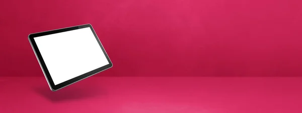 ピンクの背景に浮かぶ空白のタブレットPcコンピュータ 3D分離イラスト 横型バナーテンプレート — ストック写真