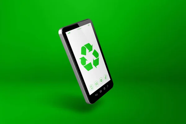 Smartphone with a recycling symbol on screen. environmental conservation concept. 3D illustration isolated on green background