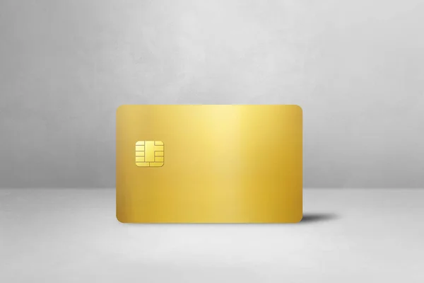 Gold credit card template on a white concrete background. 3D illustration