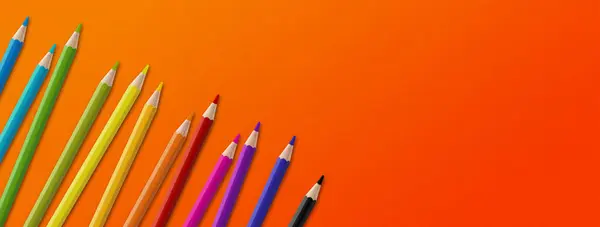 Farbstift Aus Holz Isoliert Auf Orange Gesetzt Panorama Banner Hintergrund — Stockfoto