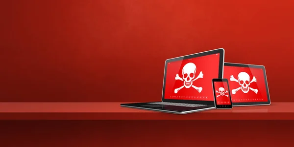 Laptop tablet pc and smartphone on a shelf with pirate symbols on screen. Hacking and virus concept. 3D illustration isolated on red background. Horizontal banner
