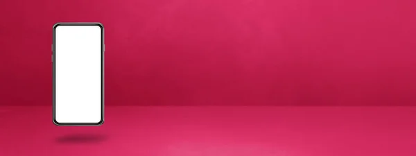 Пустой Смартфон Плавает Розовом Фоне Изолированная Иллюстрация Горизонтальный Шаблон Баннера — стоковое фото