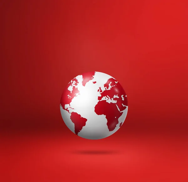 World globe, earth map, floating over a red background. 3D isolated illustration. Square template