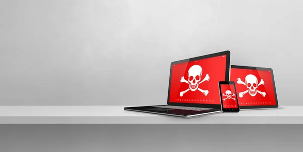 Ноутбук Планшетний Смартфон Полиці Піратськими Символами Екрані Злом Концепція Вірусу — стокове фото