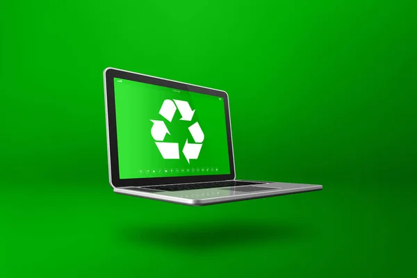 Laptop computer with a recycling symbol on screen. environmental conservation concept. 3D illustration isolated on green background
