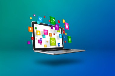 Dizüstü bilgisayarın etrafında uçan ikonlar. Bulut hesaplama konsepti. Mavi arkaplanda 3 boyutlu resimleme izole edildi.