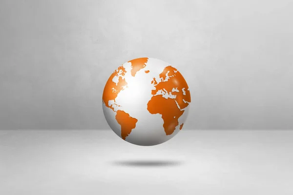 World globe, orange earth map, floating over a white background. 3D isolated illustration. Horizontal template