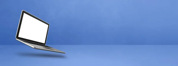 空白电脑笔记本电脑漂浮在蓝色的背景上 3D孤立的插图 横向横幅模板 — 图库照片