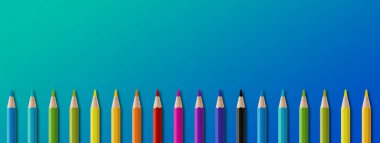 Mavi üzerine ahşap renkli kalem seti. Panoramik afiş arkaplanı.