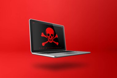 Ekranda korsan sembolü olan dizüstü bilgisayar. Hackleme ve virüs konsepti. Kırmızı arkaplanda 3 boyutlu resimleme izole edildi