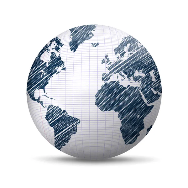 World Map Drawn Blue Pen School Paper Globe Illustration — Stock Photo, Image