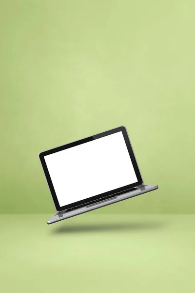 Egy Üres Laptop Lebeg Zöld Háttér Felett Elszigetelt Illusztráció Függőleges — Stock Fotó
