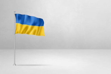Ukrayna bayrağı, 3 boyutlu illüstrasyon, beyaz beton arka planda izole edilmiş.