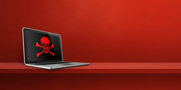 Laptop on a shelf with a pirate symbol on screen. Hacking and virus concept. 3D illustration isolated on red background. Horizontal banner