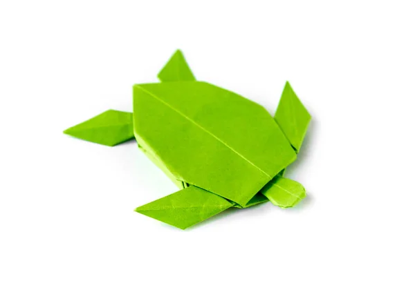 Green Paper Turtle Origami Isolated Blank White Background — Stock Photo, Image
