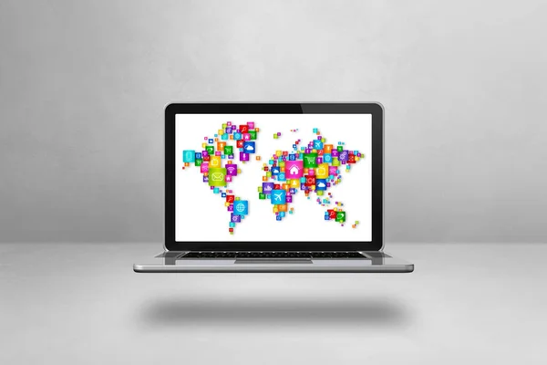 ラップトップ画面上のアイコンで作られた世界地図 白を基調としたグローバルコミュニケーションの概念 3Dイラスト — ストック写真