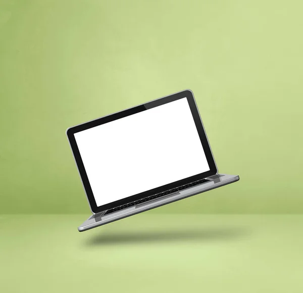 空白电脑笔记本电脑漂浮在绿色的背景上 3D孤立的插图 正方形模板 — 图库照片
