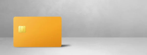 白色混凝土背景上的黄色信用卡模板 3D插图 — 图库照片