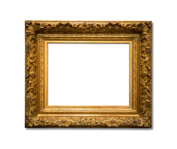 Beyaz Zemin Üzerinde Boş Altın Çerçeve Izole Müze Duvarında Boş — Stok fotoğraf