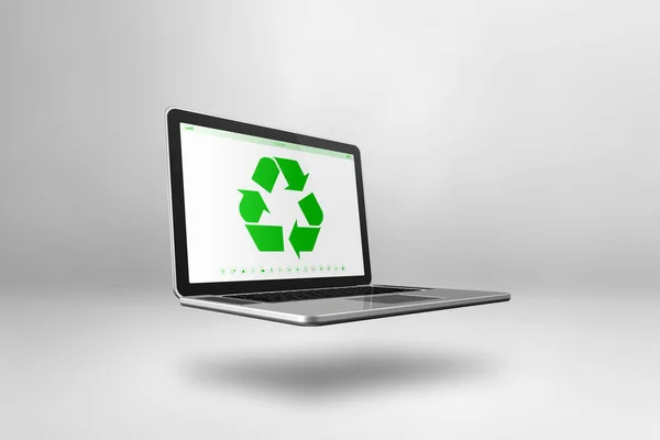 屏幕上有回收符号的笔记本电脑 环境保护概念 在白色背景上孤立的3D插图 — 图库照片