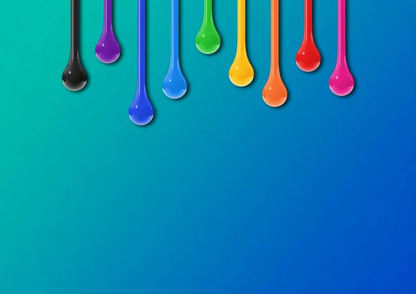 Tinta Colorida Cai Isolada Sobre Fundo Azul Papel Parede Horizontal — Fotografia de Stock