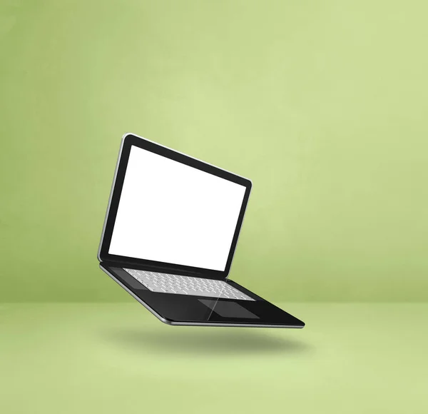 Egy Üres Laptop Lebeg Zöld Háttér Felett Elszigetelt Illusztráció Négyzet — Stock Fotó