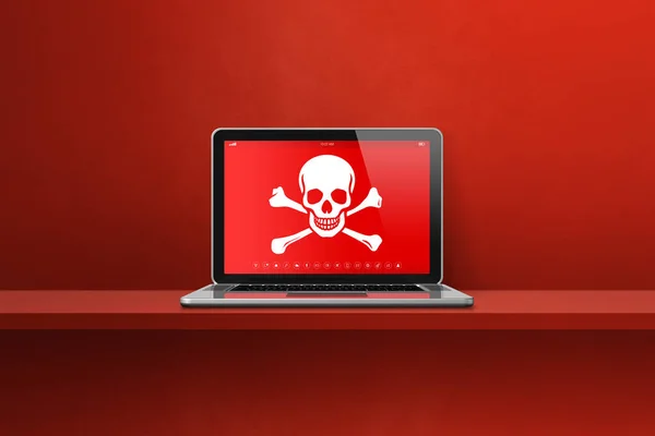 stock image Laptop on a shelf with a pirate symbol on screen. Hacking and virus concept. 3D illustration isolated on red background