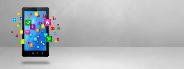 Летающие Иконы Вокруг Смартфона Концепция Облачных Вычислений Иллюстрация Белом Фоне — стоковое фото