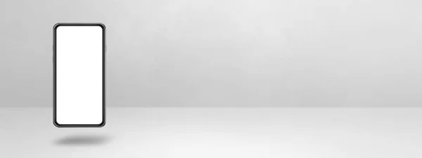 Blanco Smartphone Zwevend Een Witte Achtergrond Geïsoleerde Illustratie Horizontaal Bannersjabloon — Stockfoto