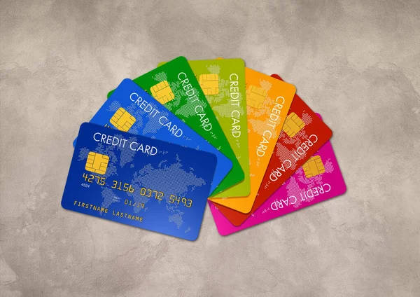 Kleurrijke Creditcards Een Witte Betonnen Achtergrond Illustratie — Stockfoto