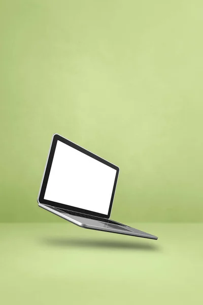 Egy Üres Laptop Lebeg Zöld Háttér Felett Elszigetelt Illusztráció Függőleges — Stock Fotó