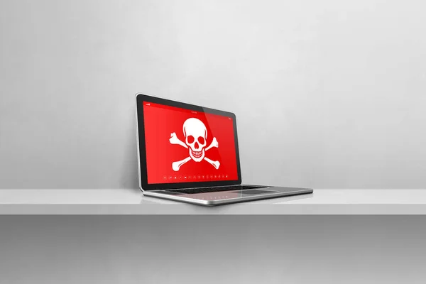 Laptop Een Plank Met Een Piratensymbool Het Scherm Hacken Virus — Stockfoto