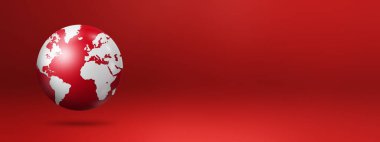 Dünya küresi, dünya haritası, kırmızı arka planda yüzüyor. 3 boyutlu izole bir illüstrasyon. pankart şablonu