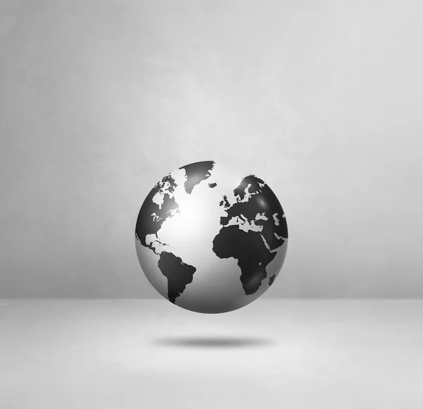 World globe, black earth map, floating over a white background. 3D isolated illustration. Square template