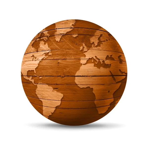 Old Wooden World Globe Isolated White Background Illustration — Stock Photo, Image
