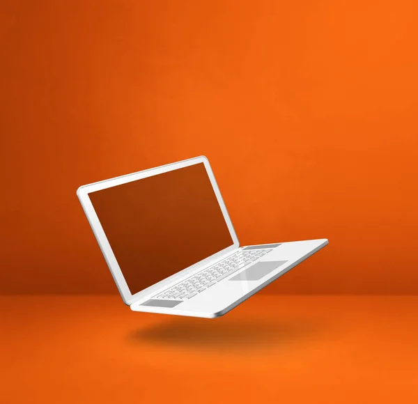 空白电脑笔记本电脑漂浮在橙色的背景上 3D孤立的插图 正方形模板 — 图库照片