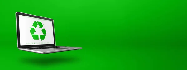屏幕上有回收符号的笔记本电脑 环境保护概念 在绿色背景上孤立的3D插图 横向横幅 — 图库照片