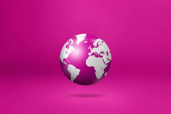 stock image World globe, earth map, floating over a pink background. 3D isolated illustration. Horizontal template