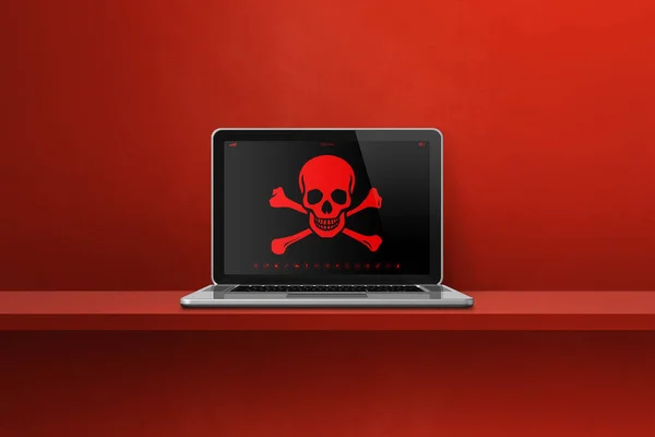 Laptop on a shelf with a pirate symbol on screen. Hacking and virus concept. 3D illustration isolated on red background