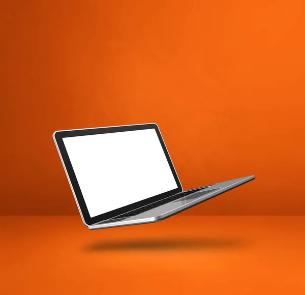 オレンジ色の背景に浮かぶ空白のコンピュータのラップトップ 3D分離イラスト 正方形のテンプレート — ストック写真