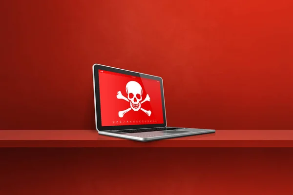 Laptop Een Plank Met Een Piratensymbool Het Scherm Hacken Virus — Stockfoto