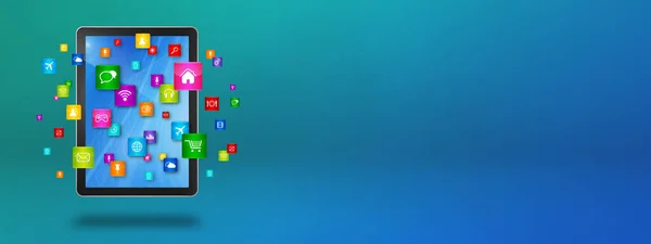 Летающие Иконки Вокруг Планшетного Компьютера Концепция Облачных Вычислений Иллюстрация Синем — стоковое фото