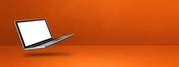 オレンジ色の背景に浮かぶ空白のコンピュータのラップトップ 3D分離イラスト 横型バナーテンプレート — ストック写真