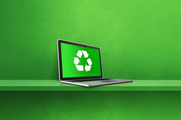 Laptop Einem Regal Mit Einem Recycling Symbol Auf Dem Bildschirm — Stockfoto