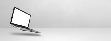 Beyaz arka planda yüzen boş bir bilgisayar bilgisayarı. 3 boyutlu izole bir illüstrasyon. Yatay pankart şablonu