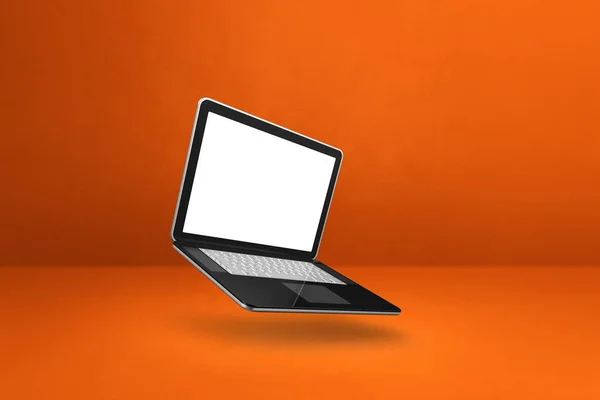 オレンジ色の背景に浮かぶ空白のコンピュータのラップトップ 3D分離イラスト 水平テンプレート — ストック写真