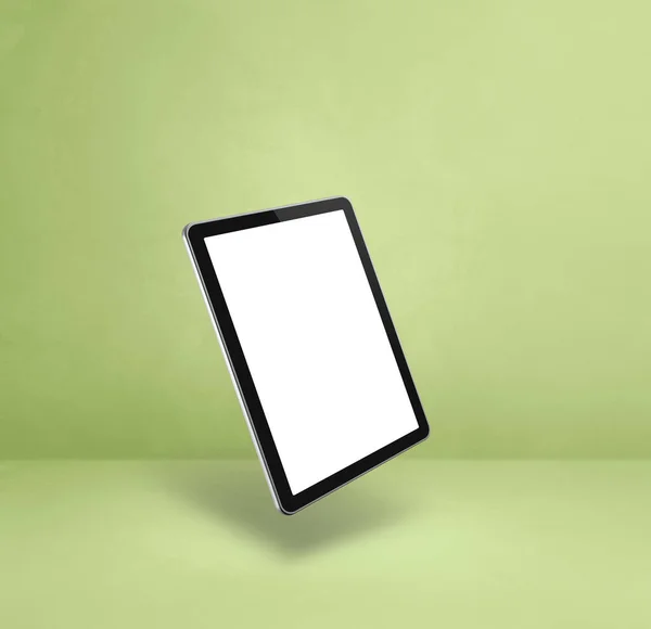 Yeşil Arka Planda Yüzen Boş Bir Tablet Bilgisayar Boyutlu Izole — Stok fotoğraf